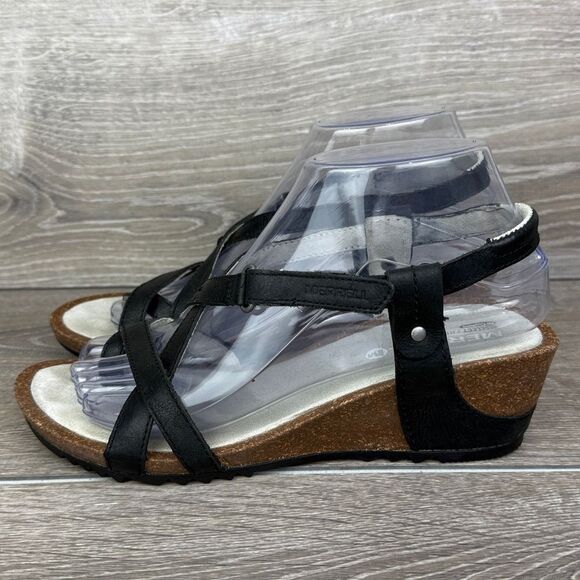 Merrell Revalli Women’s Sz 7 Black Leather Slingback Wedge Hook & Loop Sandals - Picture 3 of 11